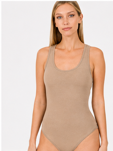 The Core Cotton Bodysuit in taupe, front view