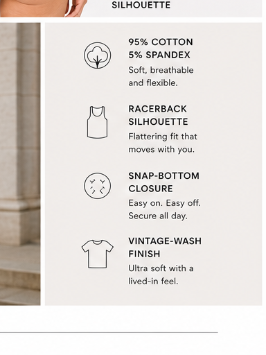 The Core Cotton Bodysuit features: cotton stretch blend, racerback silhouette, snap-bottom closure and vintage-wash finish
