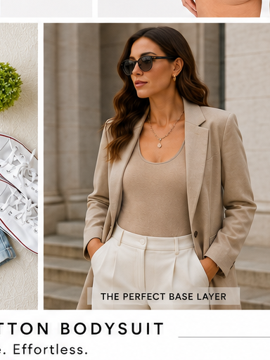 The Core Cotton Bodysuit styled as an elevated base layer with a blazer